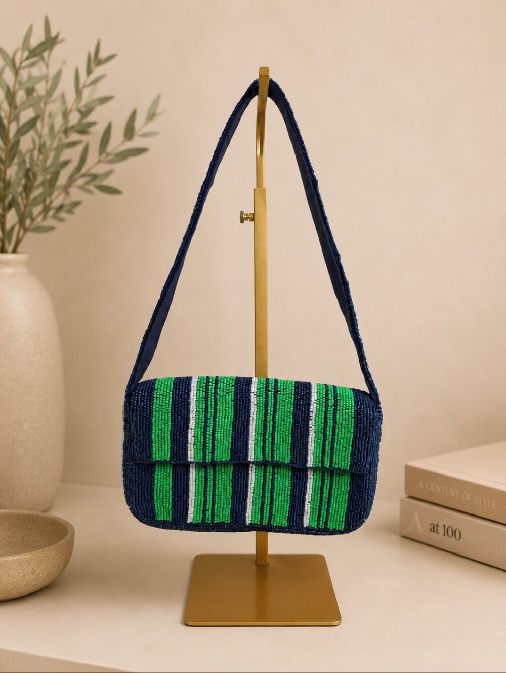 Anthropologie Fiona Beaded Shoulder Bag Green Blue Stripe NWOT